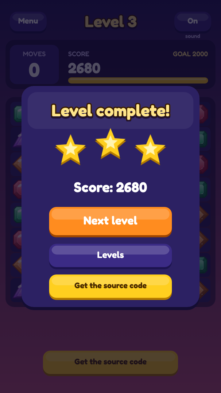 Level complete screen with three stars