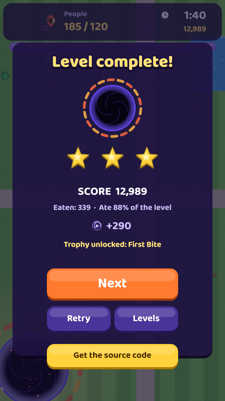 Level complete screen with three stars